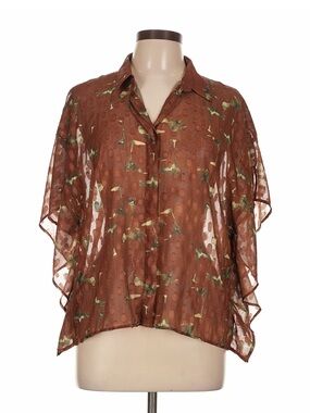 Cotélac Paris Sheer Floral Jacquard Kimono Sleeve Blouse Brown Size 3 Large